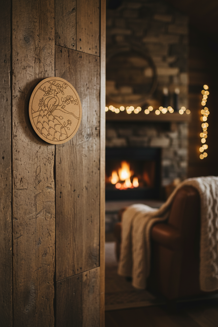 MDF peacock design wall art on rustic wooden wall near cozy fireplace.