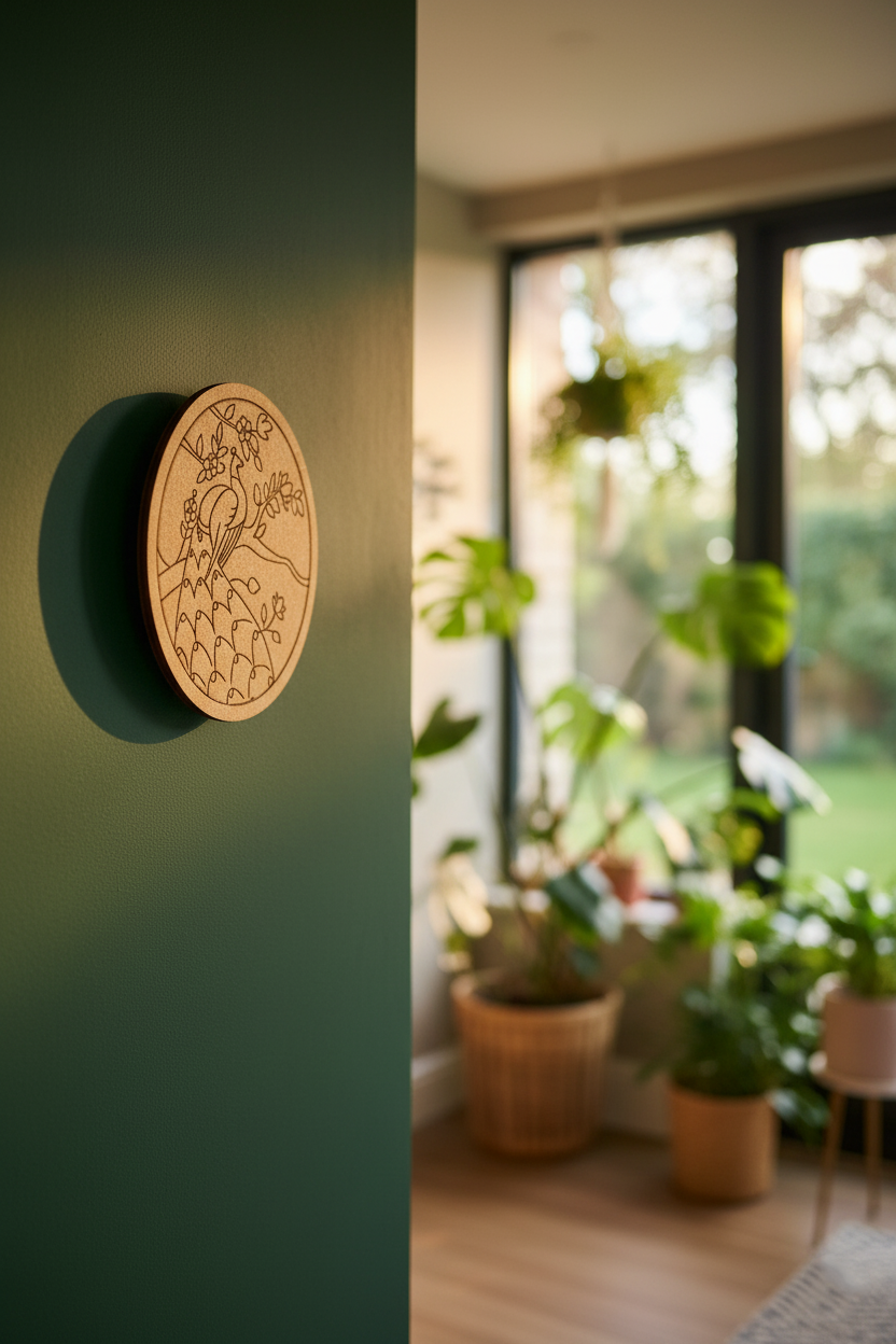 MDF feet wall art on dark green wall near wooden chair and indoor plant.