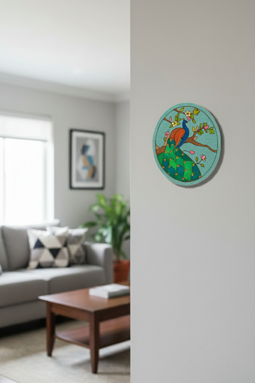 Hand-painted MDF peacock wall art with colorful design on light gray wall.