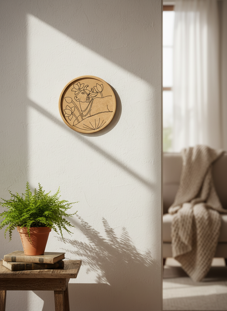 MDF round wall art with Nandi and lotus design on white wall near potted plant.