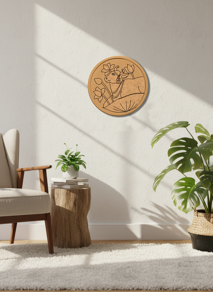 MDF Nandi wall décor on white wall near chair and indoor plants.