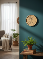 MDF Nandi with lotus wall art on teal wall with natural light and greenery.