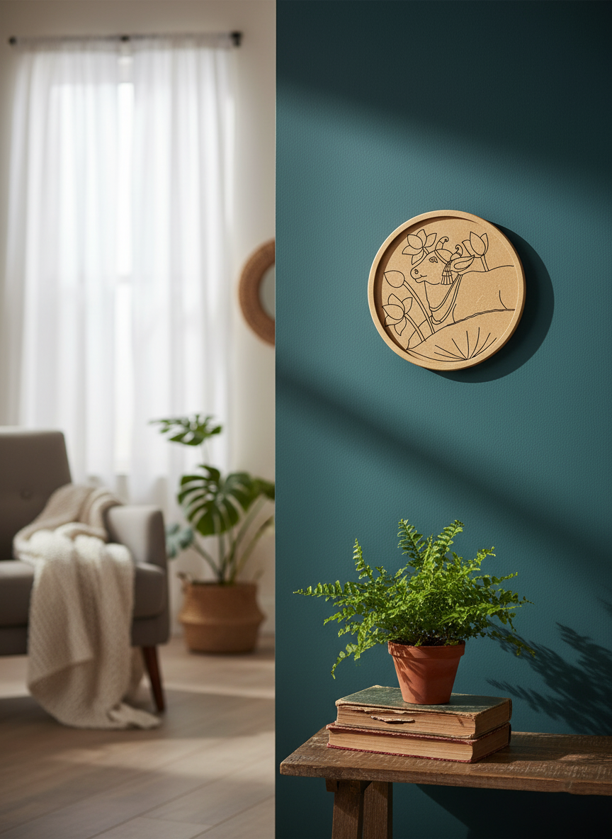 MDF Nandi with lotus wall art on teal wall with natural light and greenery.