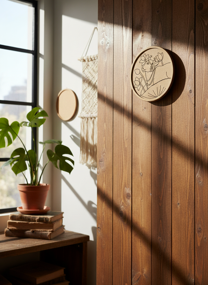 MDF Nandi wall décor mounted on wooden wall near window and plants.