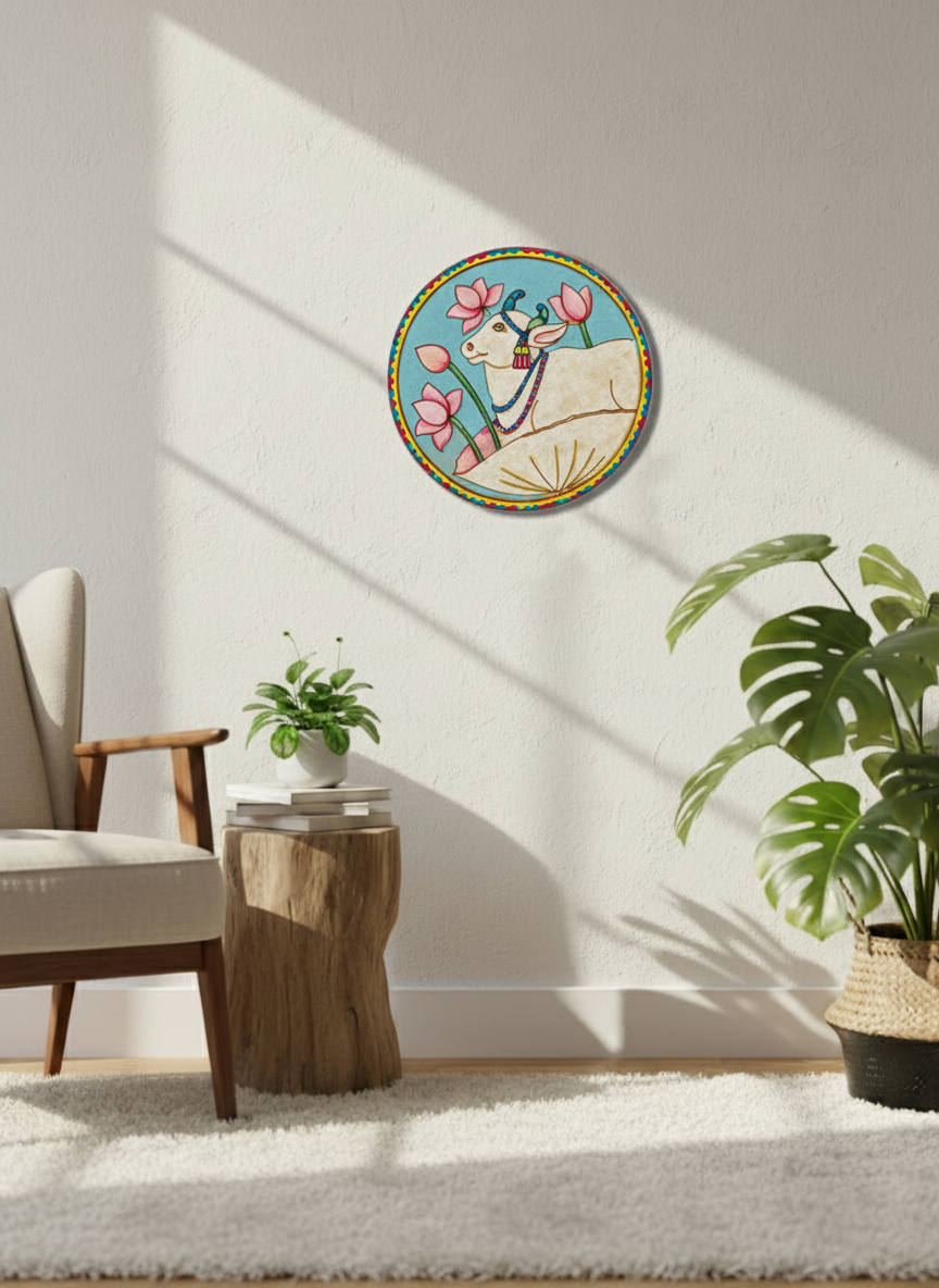 Hand-painted MDF Nandi wall art with colorful lotus design on white wall.