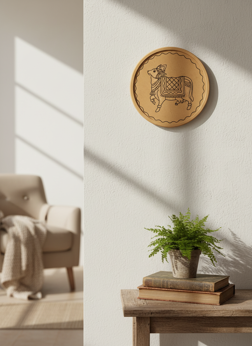 MDF round wall décor plate with engraved cow design on white wall, cozy living room background.