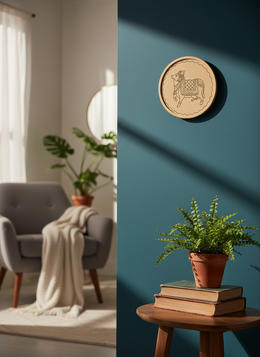 MDF cow-engraved round wall plate on blue accent wall with indoor plants and armchair.