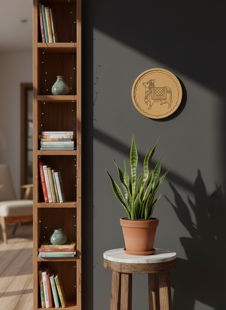 MDF cow-engraved round wall plate on blue accent wall with indoor plants and armchair.