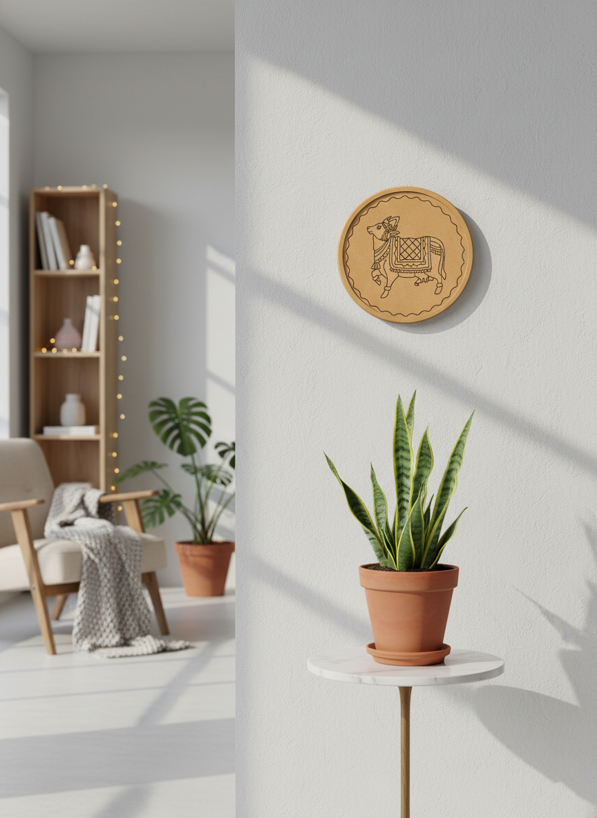 Minimalist MDF round wall plate with cow engraving on white wall, bright cozy room.