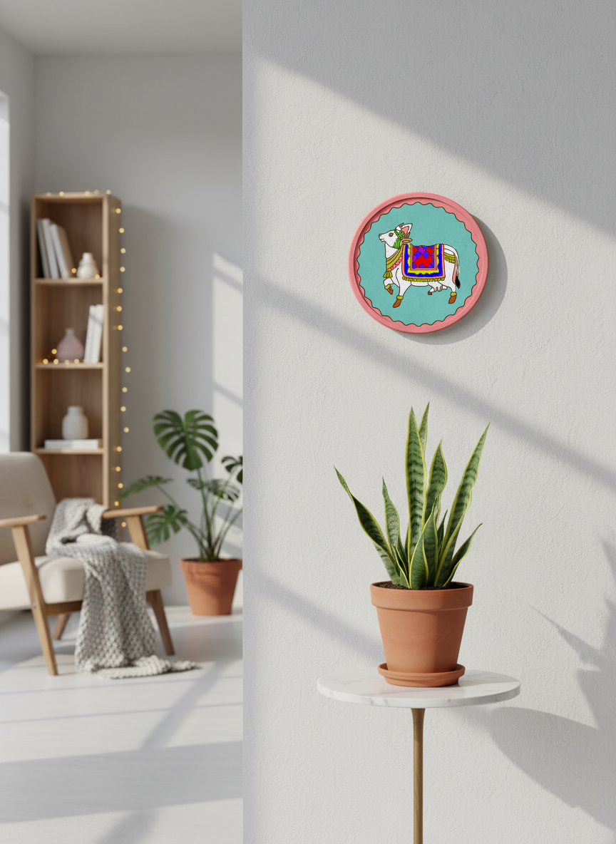 Colorful hand-painted MDF round cow wall décor plate on white wall, indoor plant nearby.