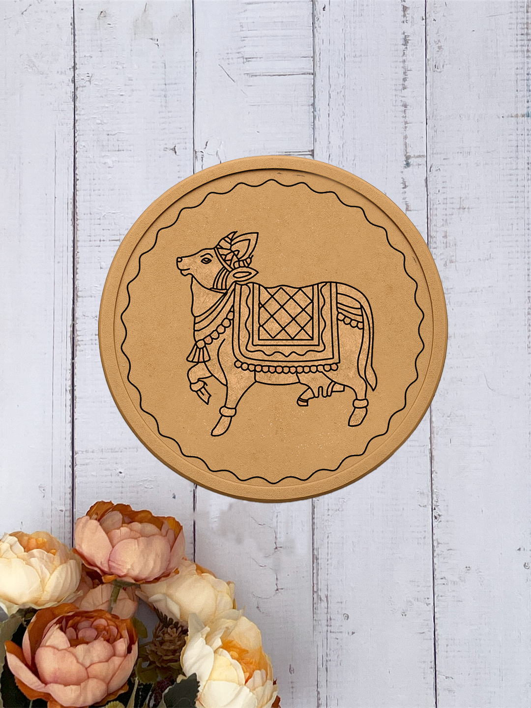 MDF round wall décor plate with engraved cow design 