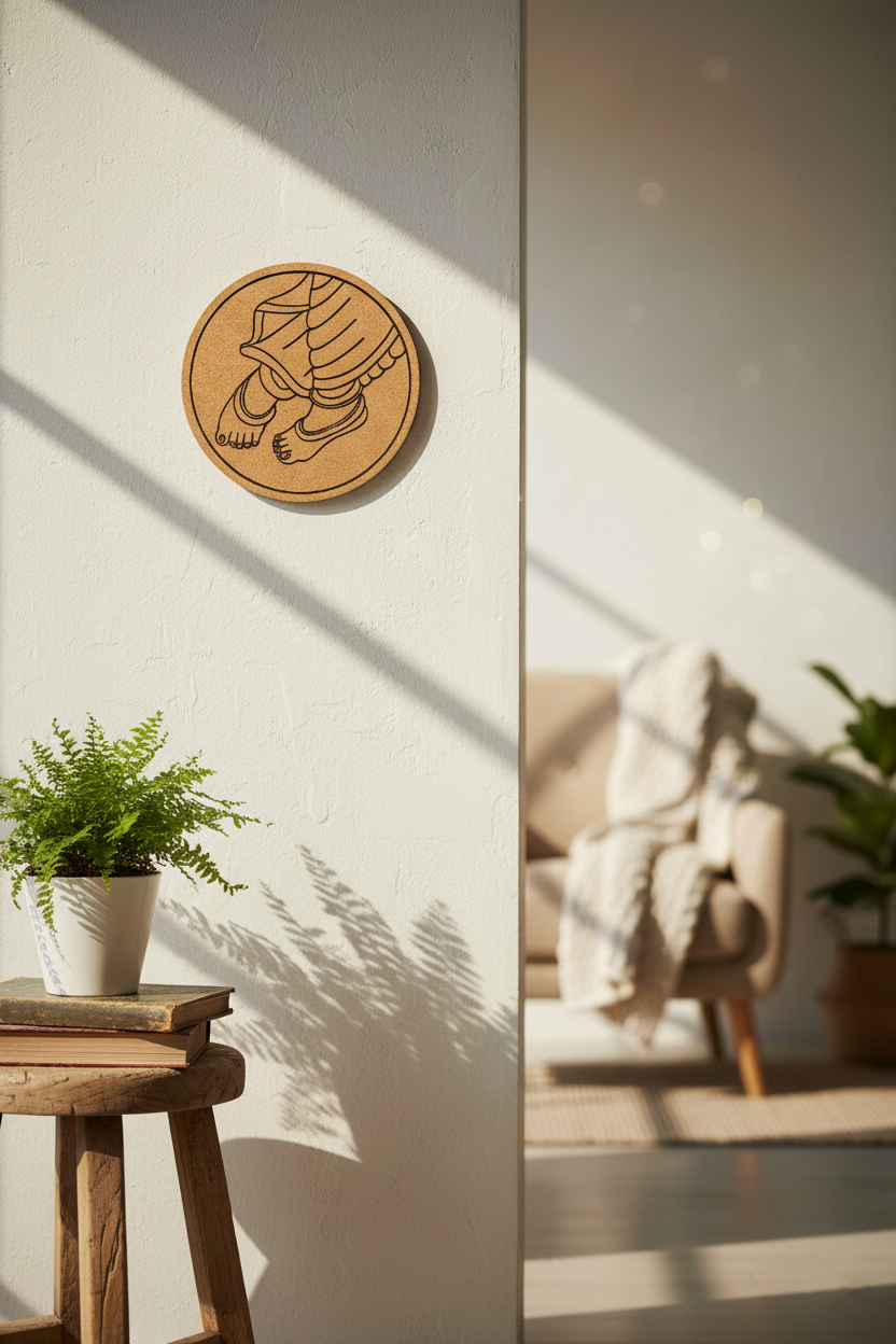 MDF feet design wall décor on white wall near sunlight-lit cozy living room.