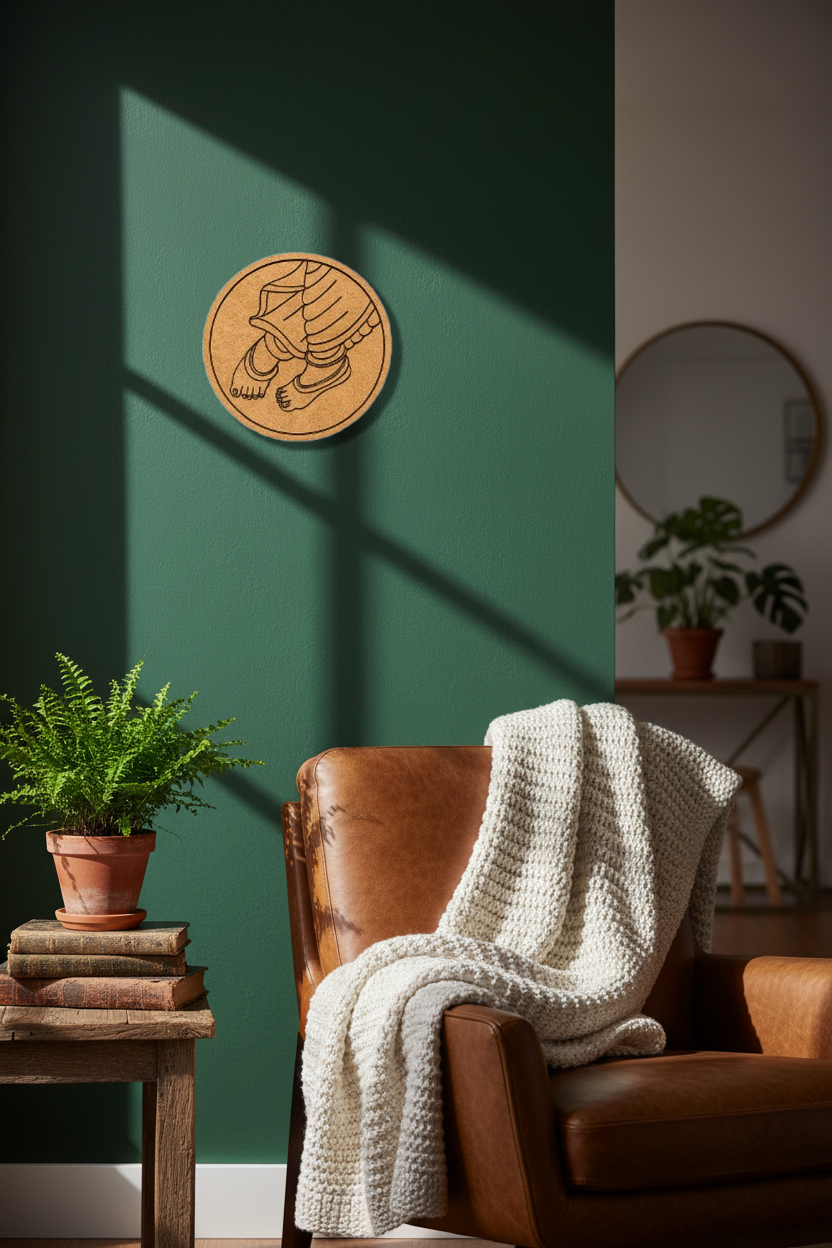 MDF feet design wall décor on green wall above brown leather chair and cozy blanket.