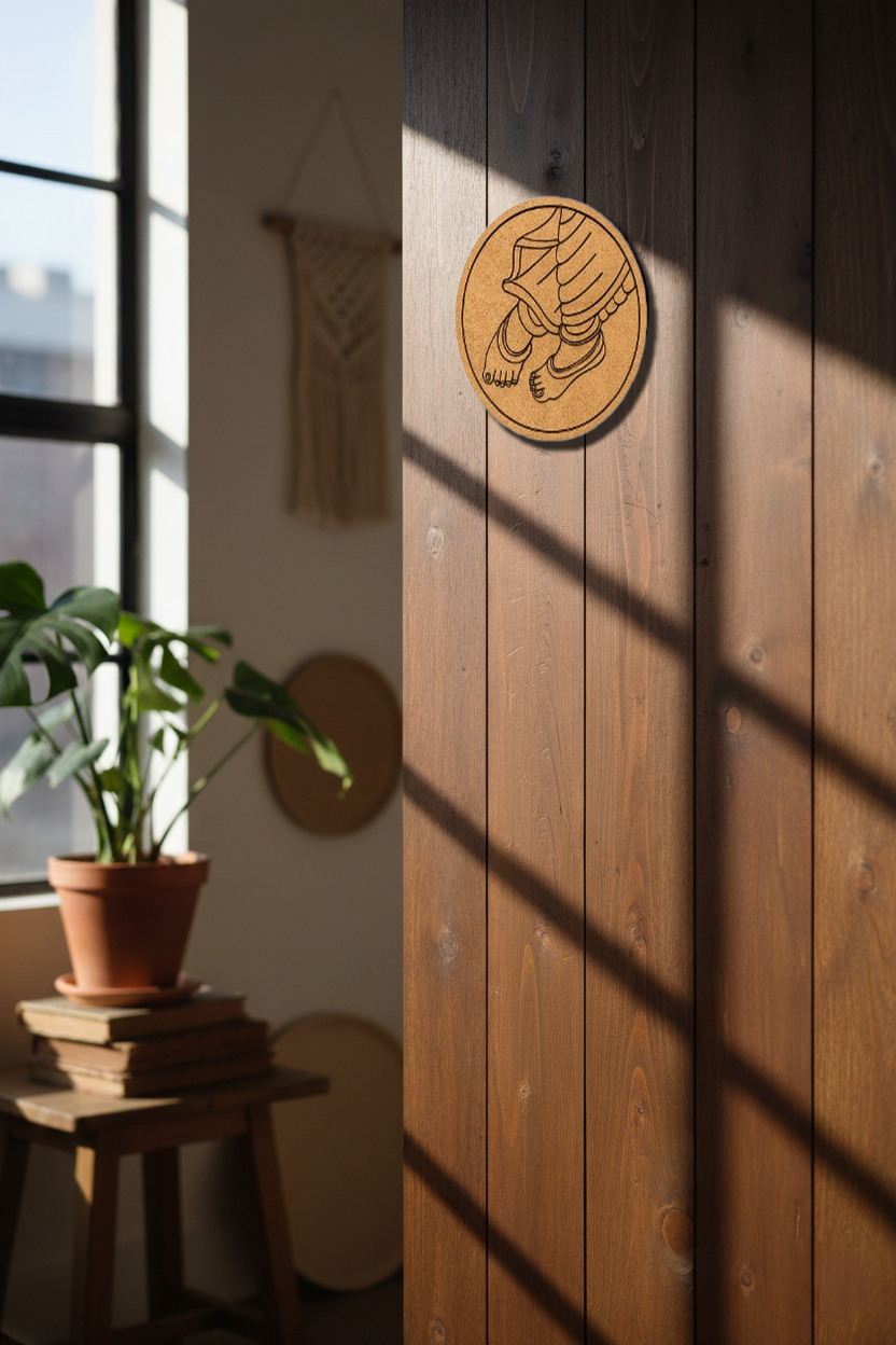 MDF feet wall art mounted on wooden panel near window and indoor plant.