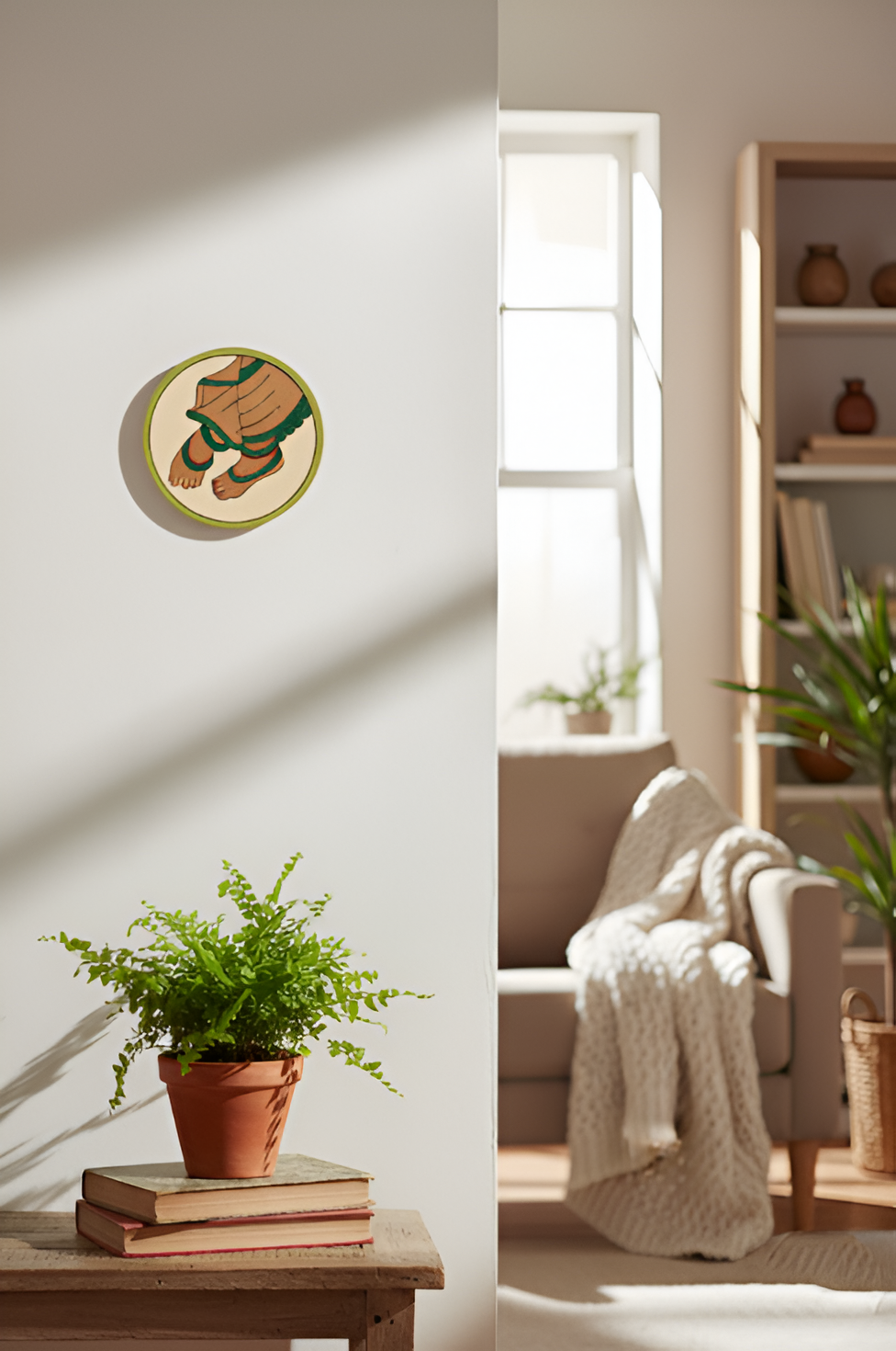 MDF feet design wall décor on white wall near sunlight-lit cozy living room.