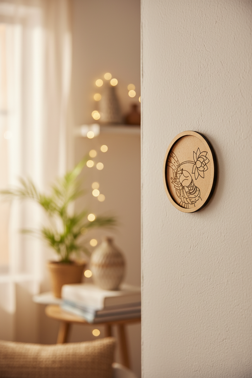 MDF wall art with lotus hand design on light wall with soft golden lighting.