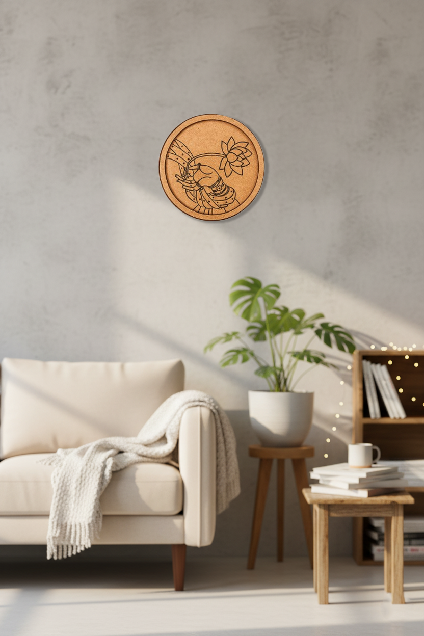 MDF lotus hand wall décor on gray wall above cozy sofa and plant.
