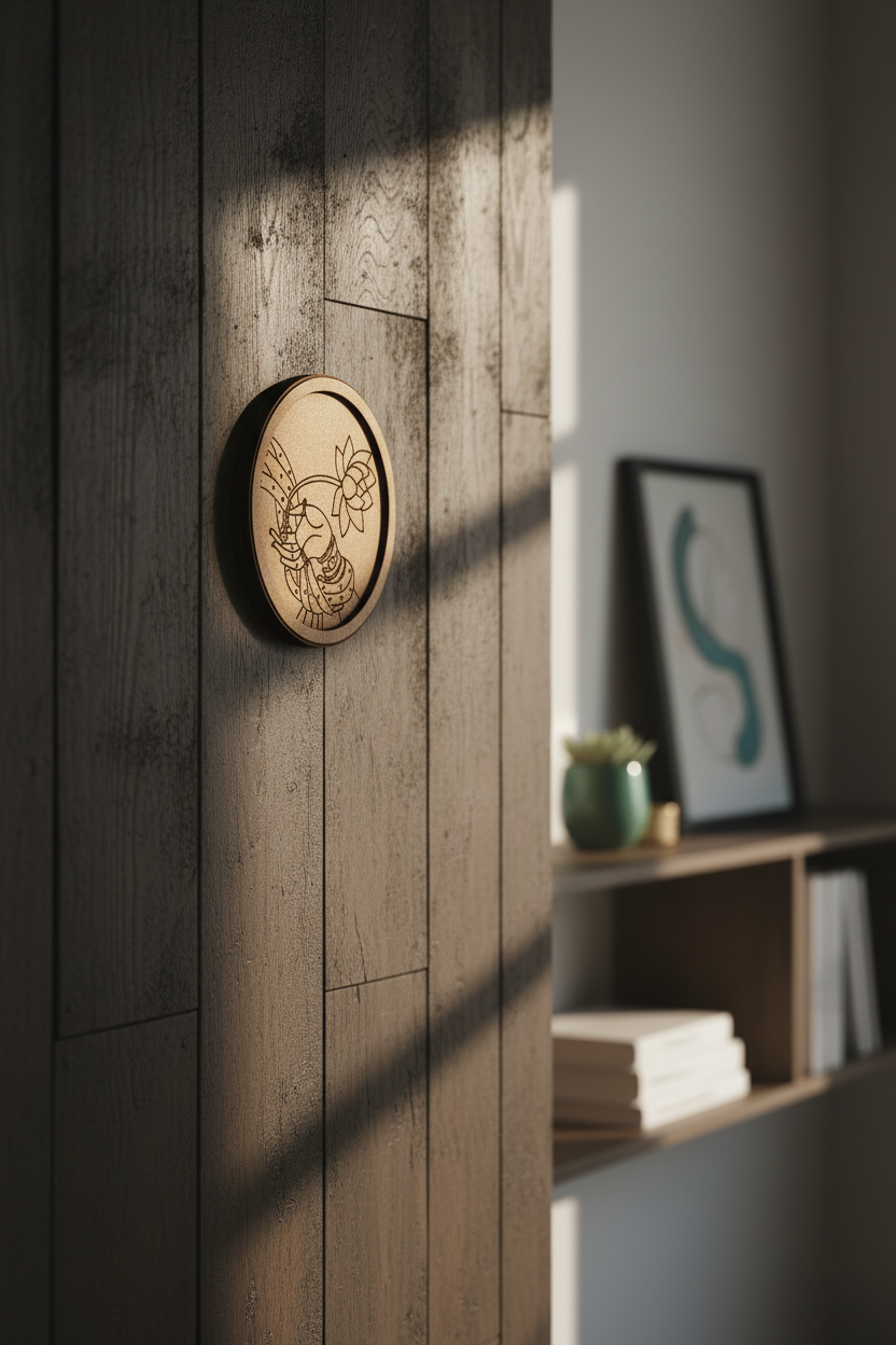 MDF lotus hand design mounted on dark wooden panel near bookshelf.
