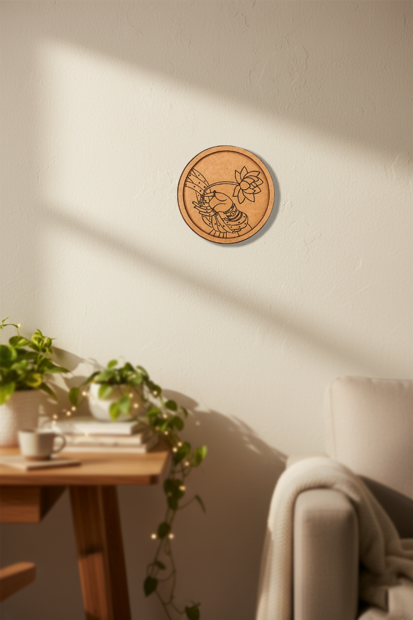 MDF lotus hand wall art on white wall near desk with plants and books.