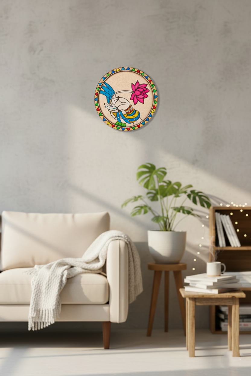 Hand-painted MDF lotus hand wall décor with colorful border and bright lotus.