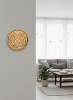 MDF wall art with blooming lotus design on gray wall near living room sofa.