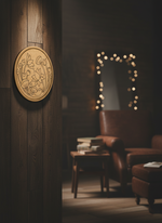 MDF lotus floral wall décor on wooden panel in cozy room with warm lighting.