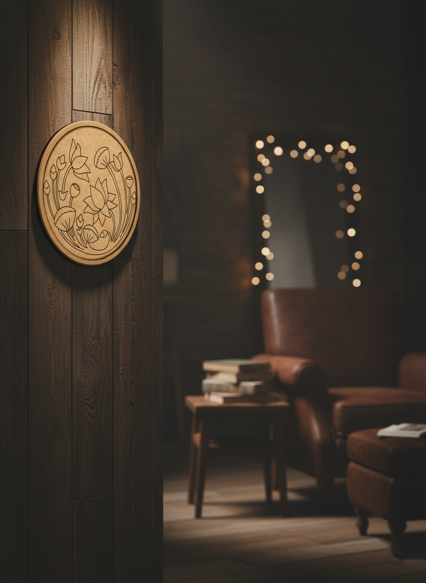 MDF lotus floral wall décor on wooden panel in cozy room with warm lighting.