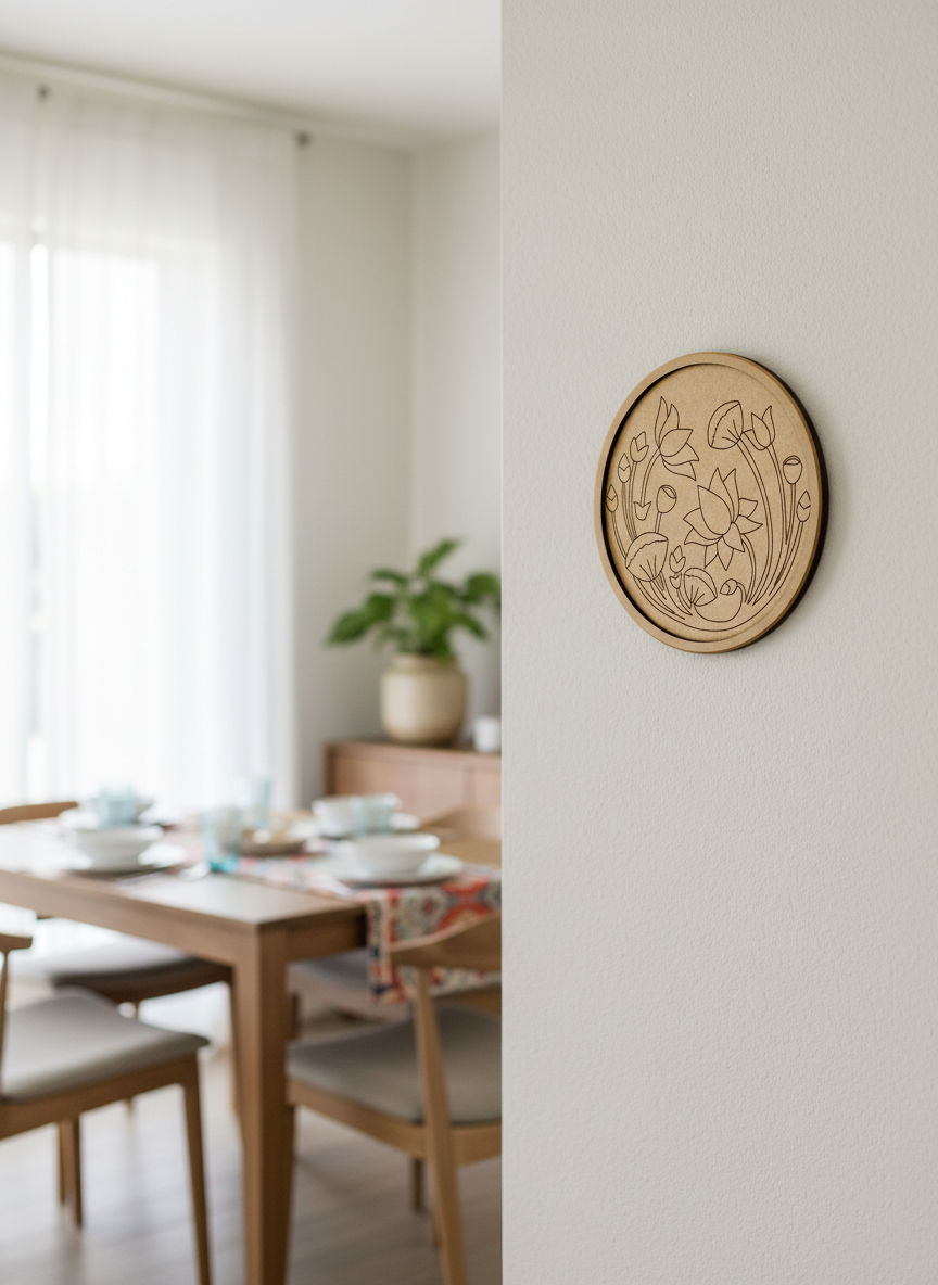 MDF lotus flower wall art on white wall near dining table and chairs.