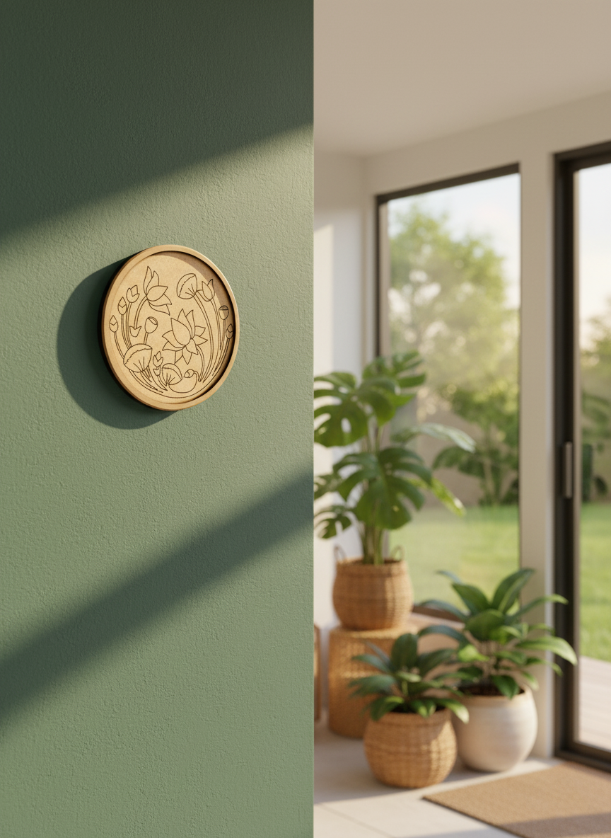 MDF lotus floral design wall décor on green wall with natural sunlight and plants.
