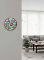 Hand-painted MDF lotus wall art with colorful flowers and bright blue background.