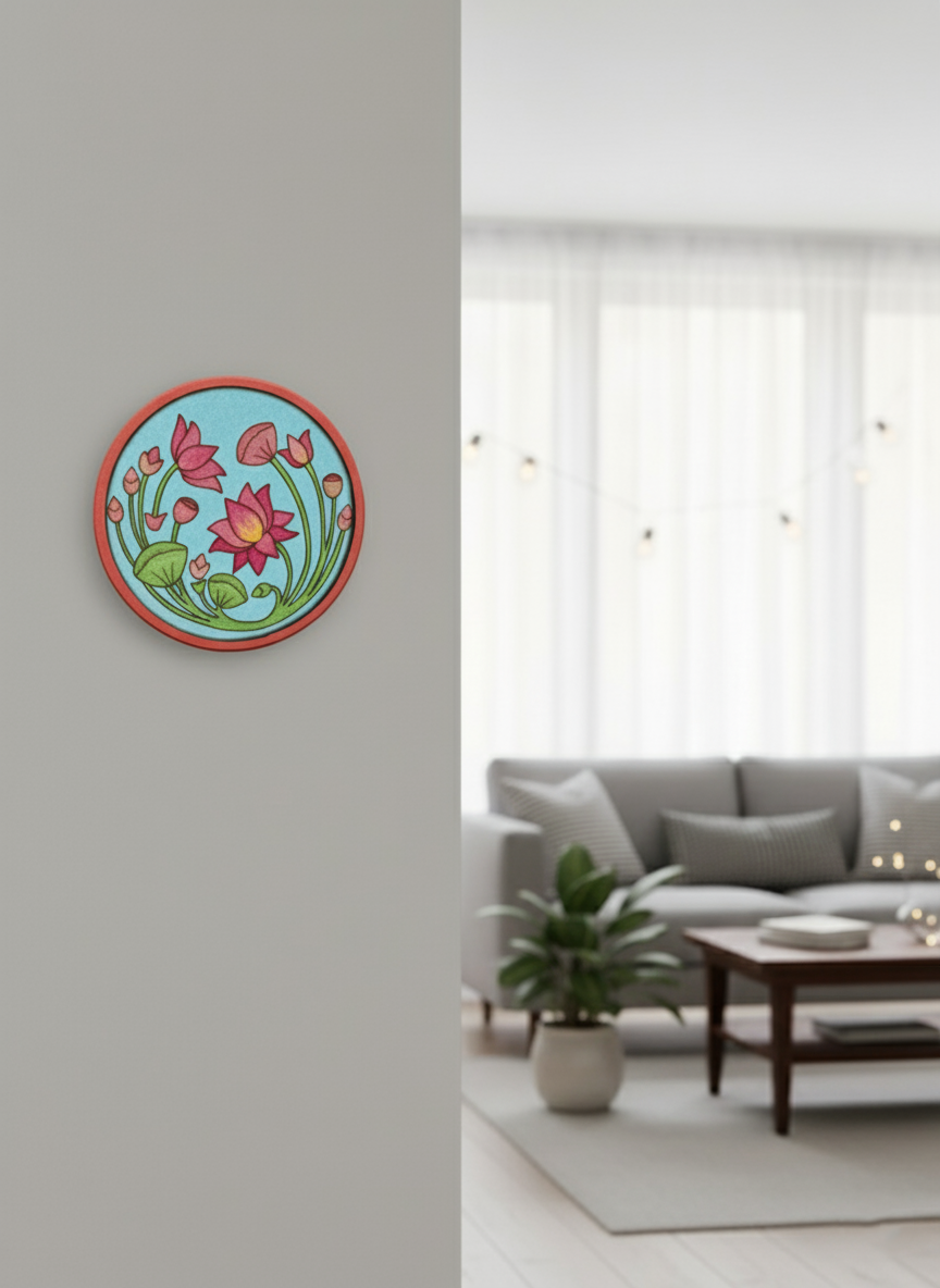 Hand-painted MDF lotus wall art with colorful flowers and bright blue background.