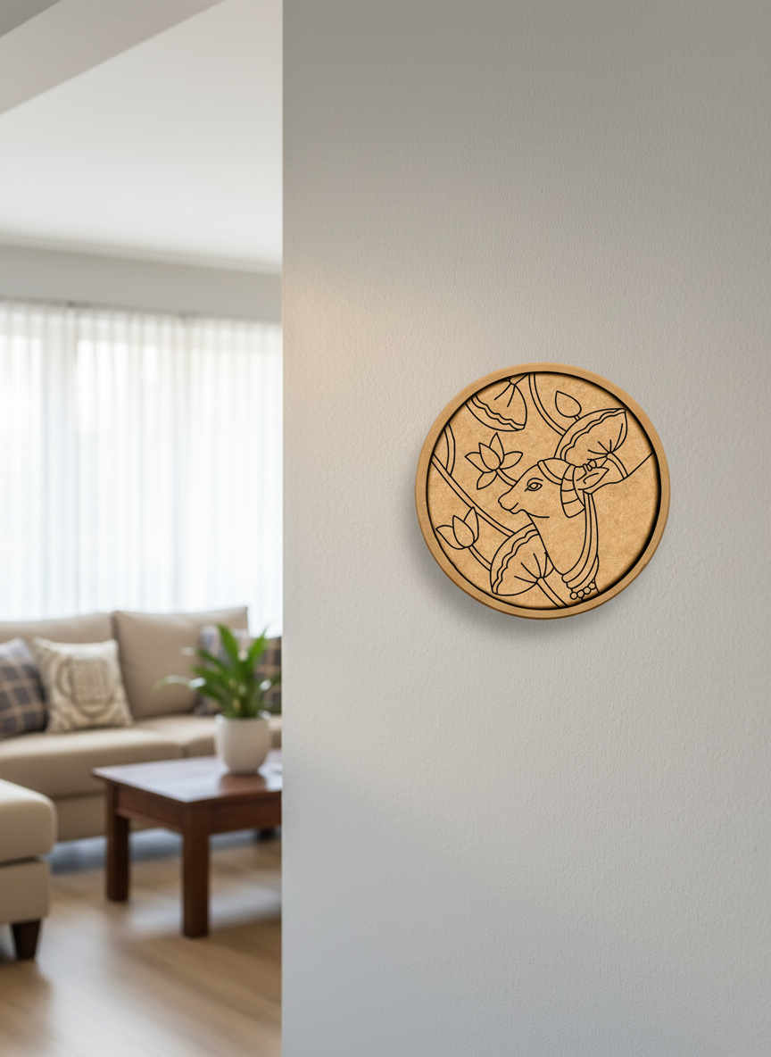 MDF wall art with cow and lotus leaves design on light gray wall near living room.