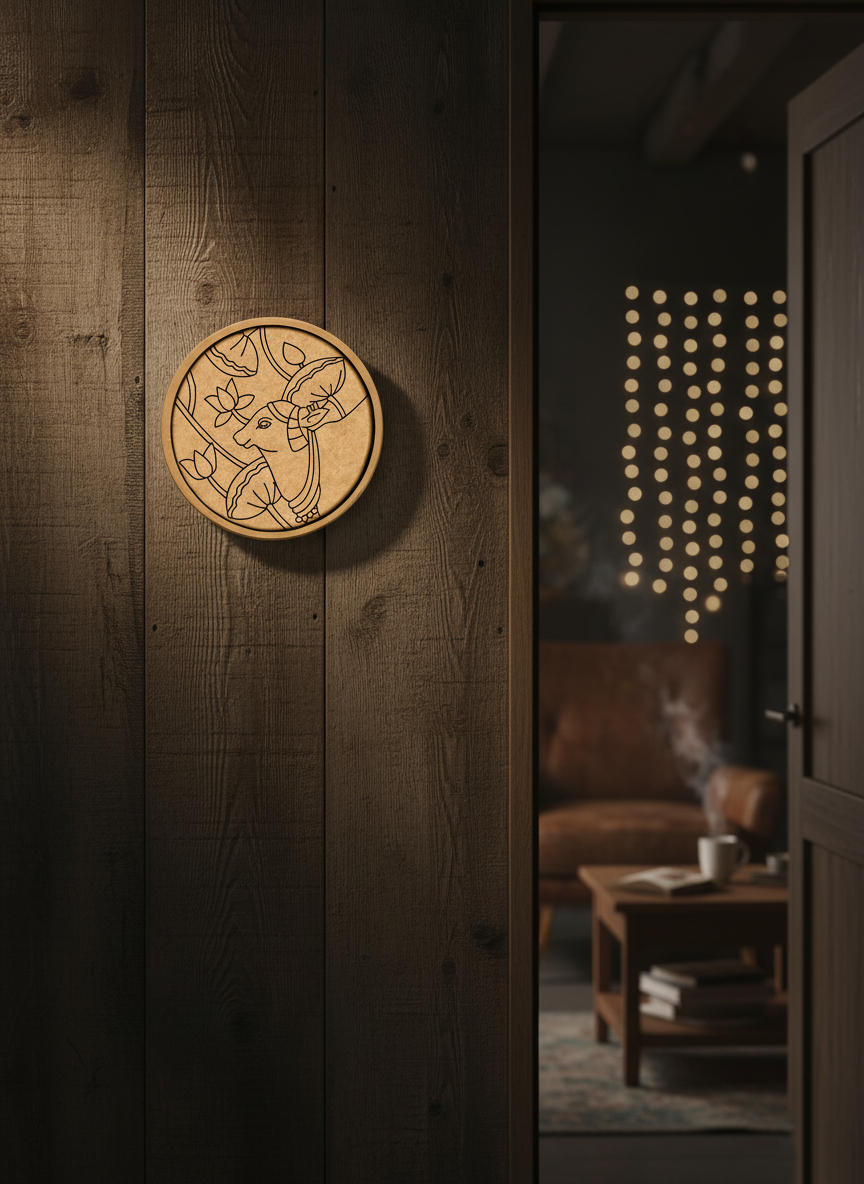 MDF cow design wall décor on rustic wooden panel in cozy, warm-lit room.