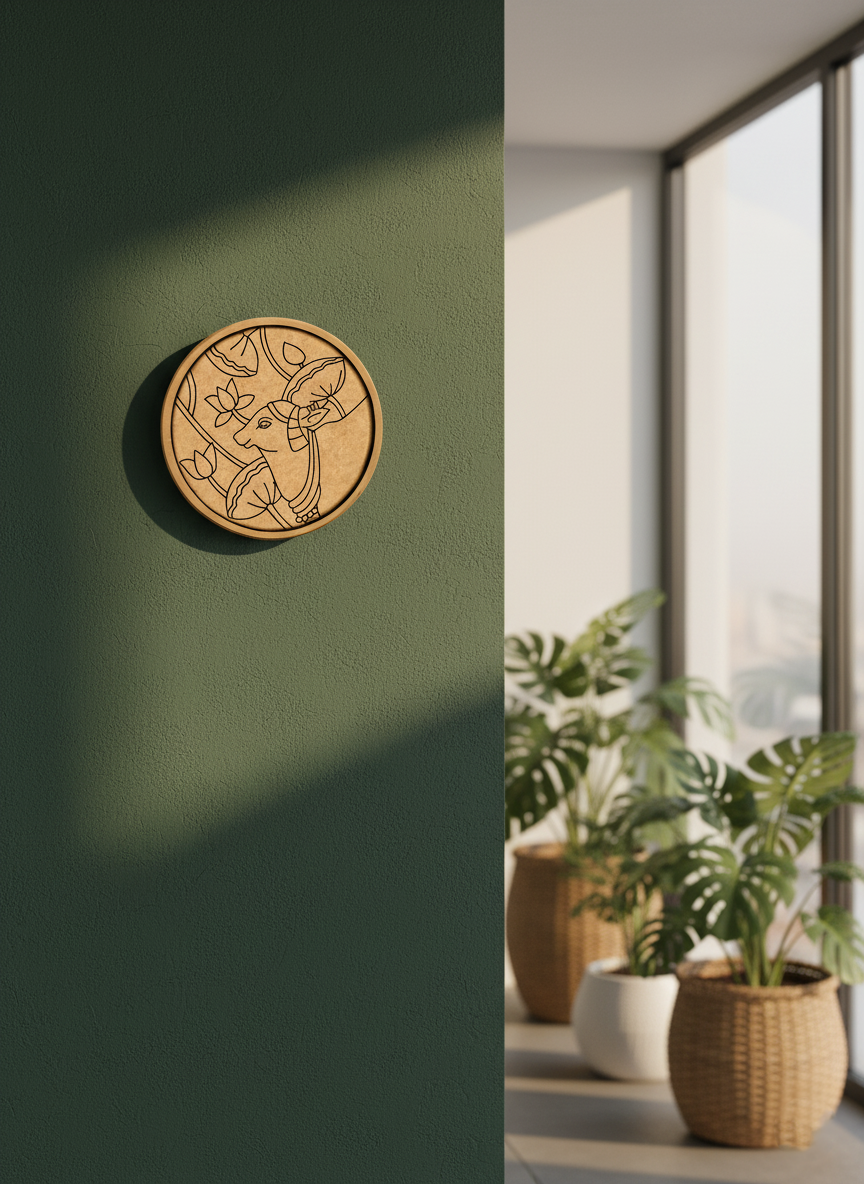 MDF cow and lotus wall art on dark green wall near sunlit indoor plants.