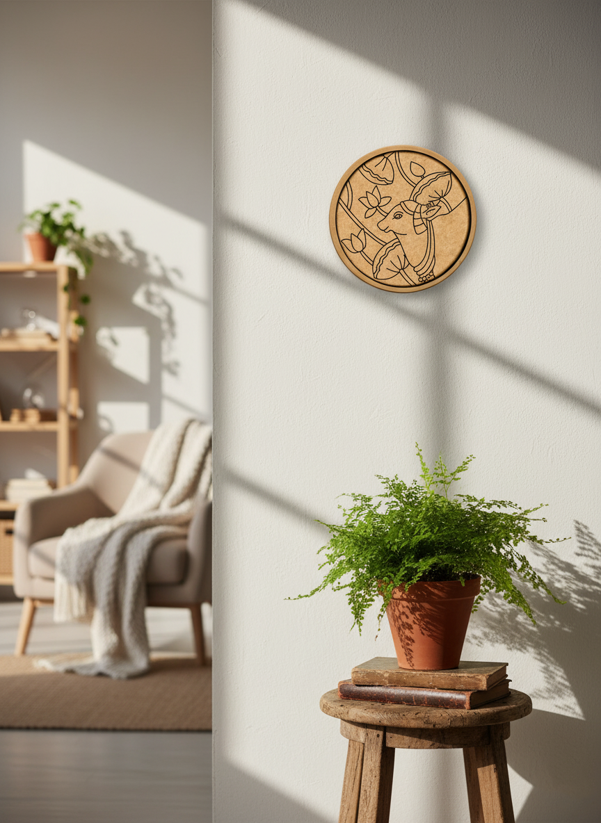 MDF cow design wall décor on white wall with soft sunlight near potted plant.