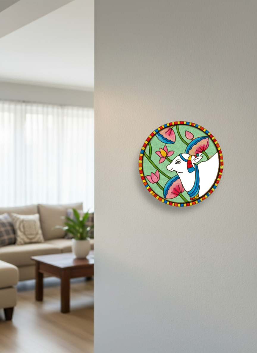 Hand-painted MDF cow wall art with colorful lotus and green background.