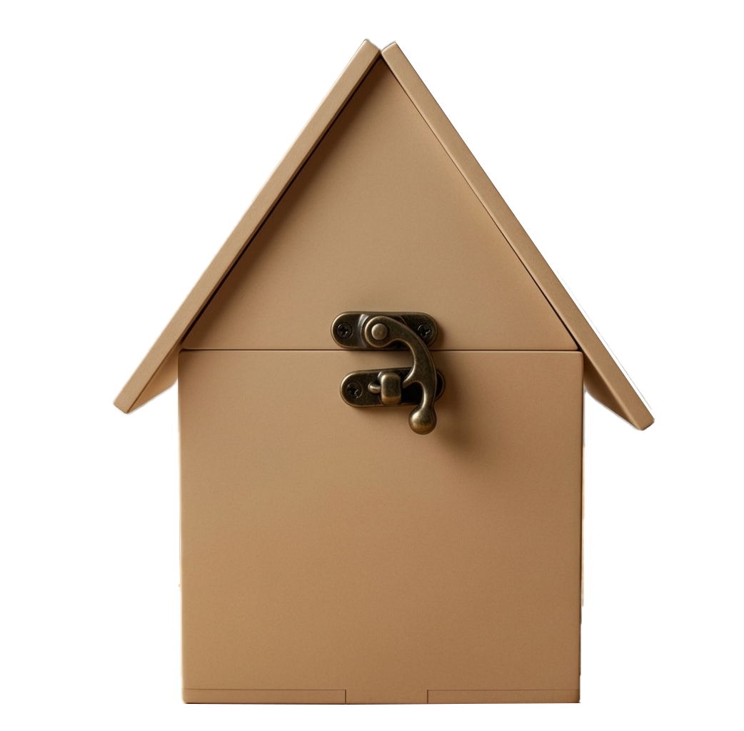 MDF Hut shaped Piggy Bank with a antique latch on a white background