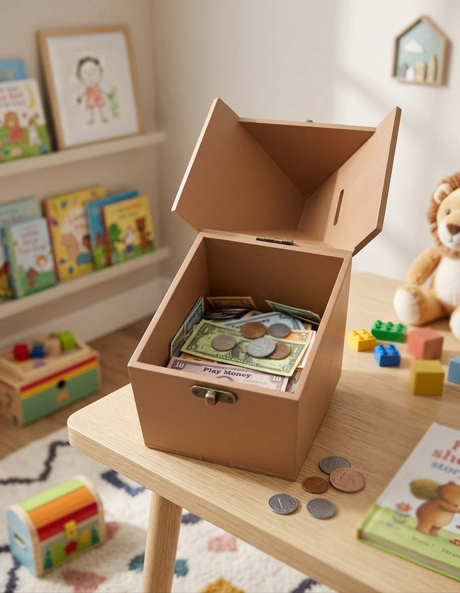 Children's Hut shaped piggy Bank with coins and books on a wooden table in a playroom.