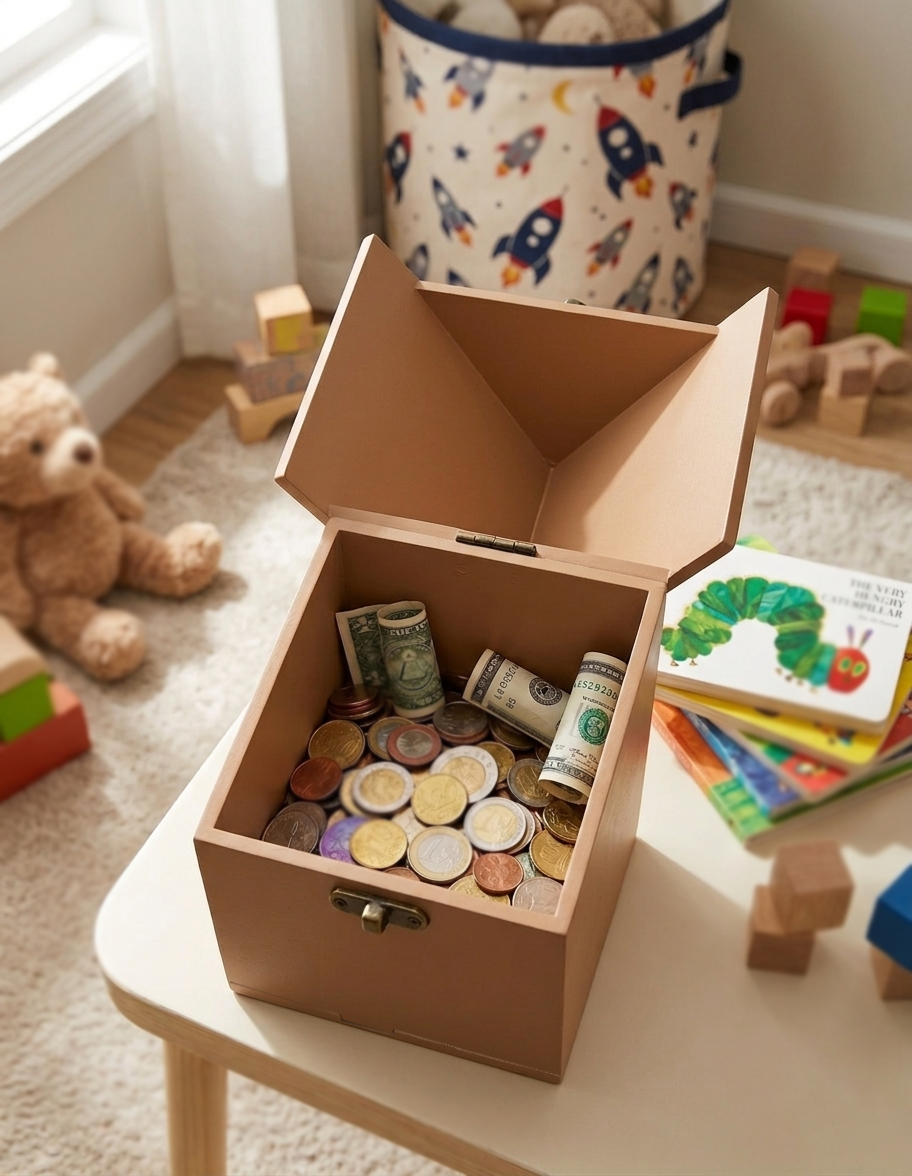 Children's MDF hut shaped piggy bank with coins on a table in a room with toys and books