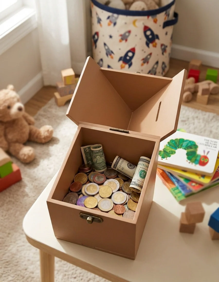 Kids' DIY MDF Money bank with coins on a table in a room with toys and books