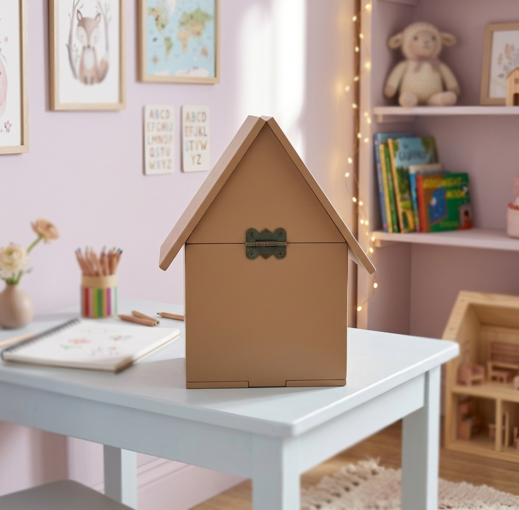 MDF Hut Piggy Bank on a white table with a child's room in the background