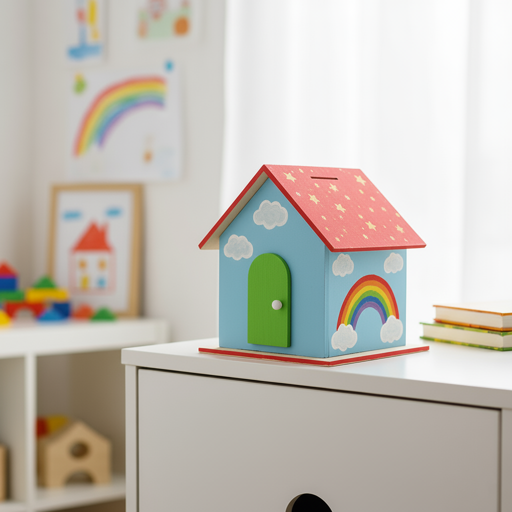 Colorful painted house-shaped piggy bank with rainbow design