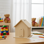 Plain MDF house-shaped piggy bank on white cabinet