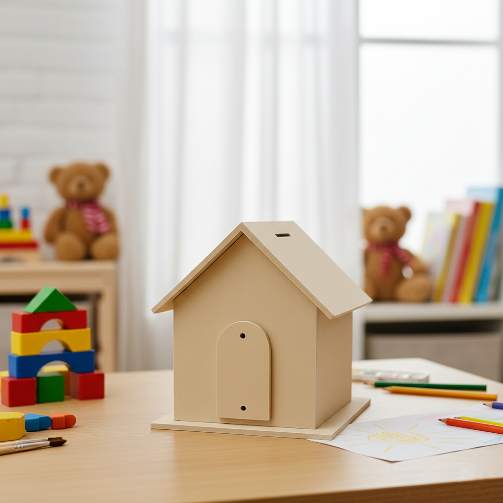 Plain MDF house-shaped piggy bank on white cabinet