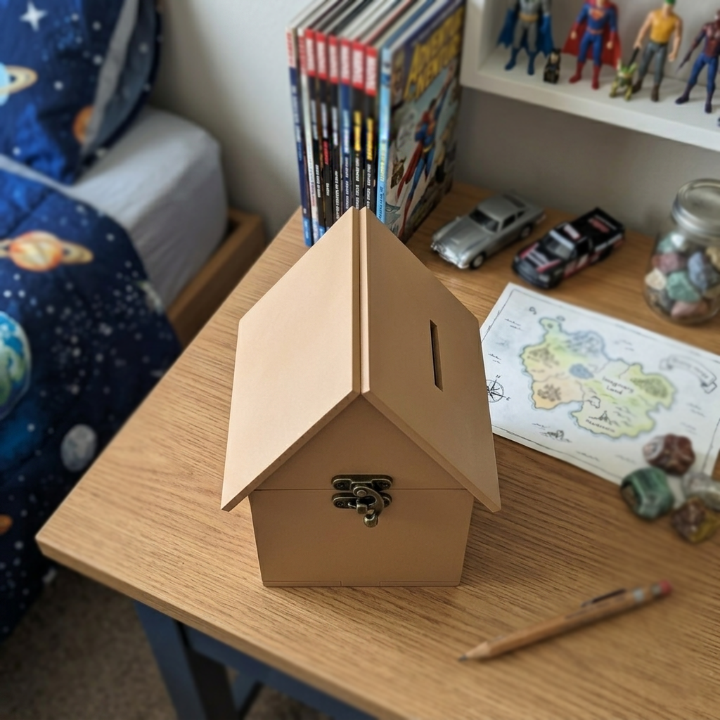 MDF house-shaped piggy bank on a wooden surface with books and toys in the background