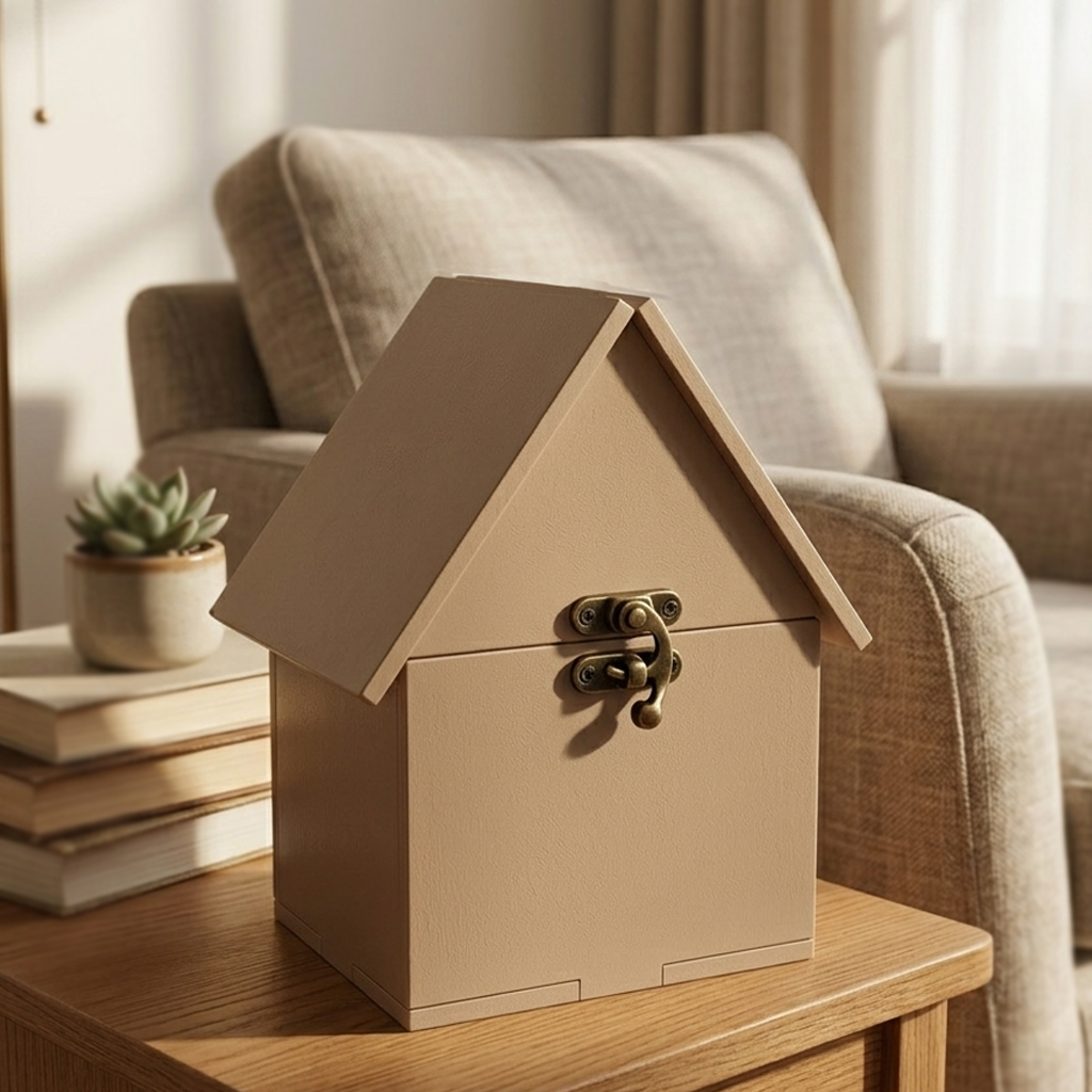 MDF Hut Shaped Piggy Bank on a wooden table with a cozy living room background
