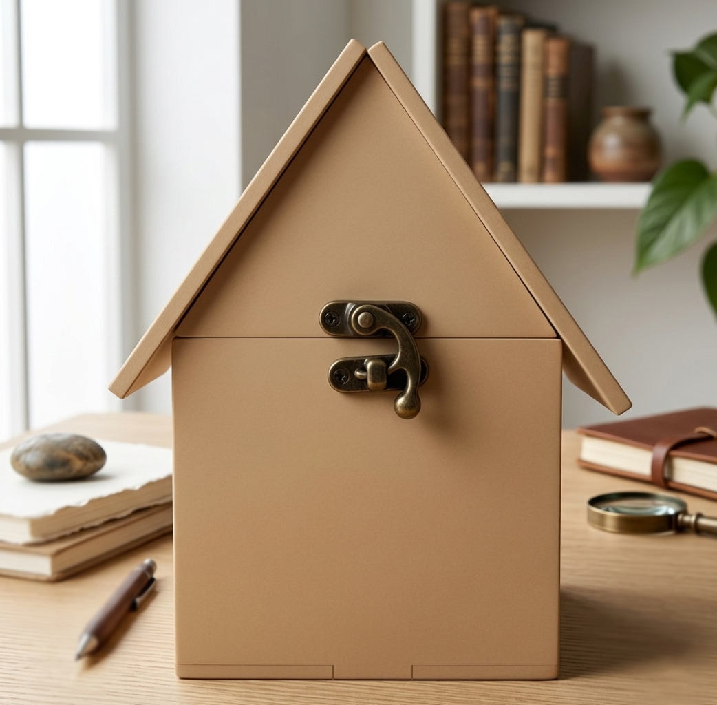 MDF house-shaped piggy bank with a metallic clasp on a wooden surface with books and a magnifying glass in the background.