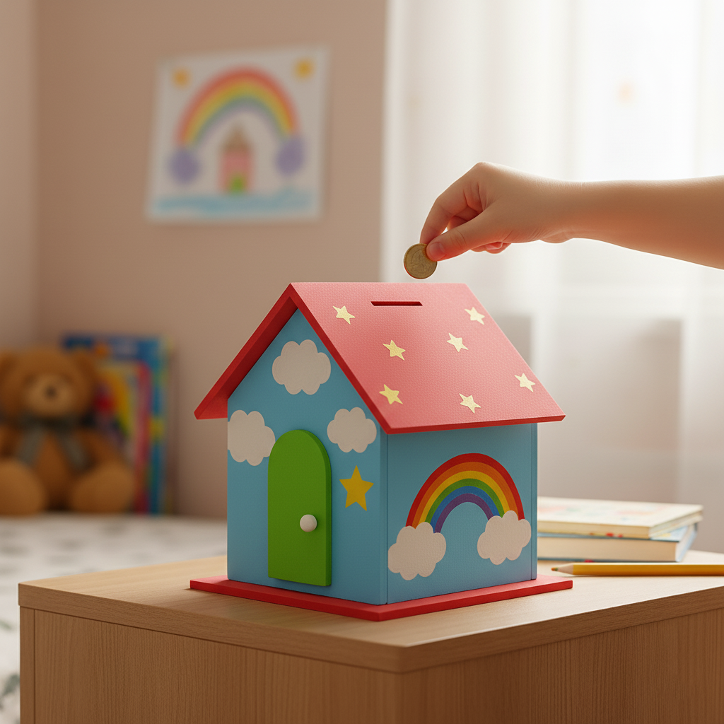 Hand inserting coin into colorful rainbow-painted house piggy bank