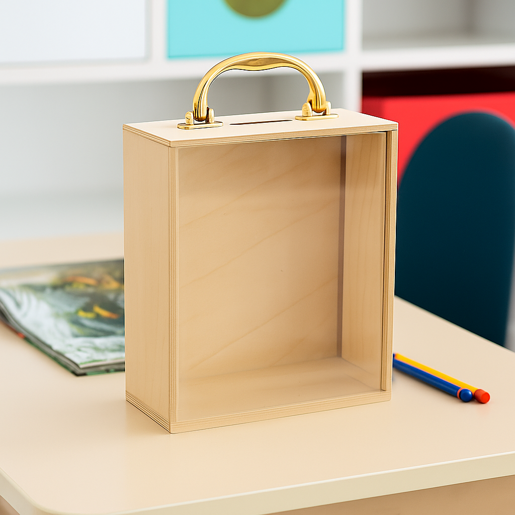 MDF box with a gold handle on a table with colorful pencils in the background