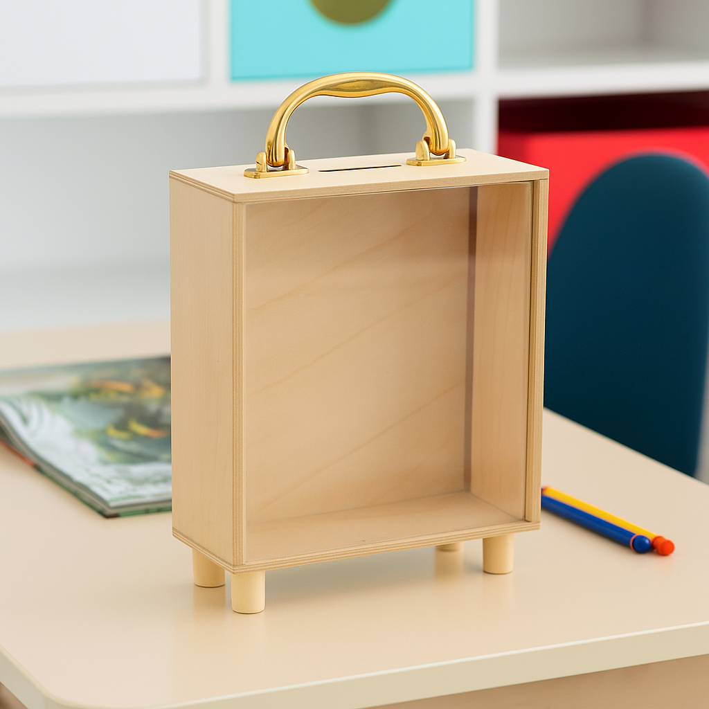Rectangular MDF piggy bank with golden handle and transparent front, modern coin saving box for kids and adults